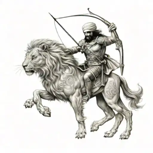 persian warrior using bow and arrow, riding on a lion holding a sword tattoo design idea
