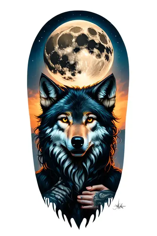 fierce wolf moon dark haired witch holding tattoo design idea