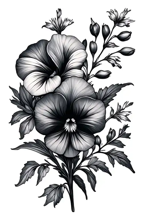 delphinium flower and african viola flower intertwined tattoo design idea
