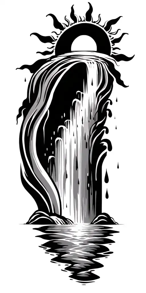 a sun flowing into a river that turns into a waterfall with small rain drops at the end of the waterfall tattoo design idea