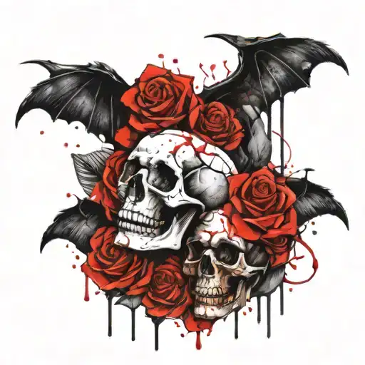 2 skulls with roses, dark and creepy  tattoo design idea