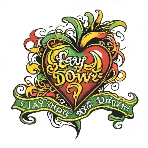 heart with Rasta colors that says "lay me down" written tattoo design idea