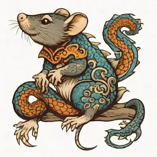Cute little rat with blue scales of a Chinese dragon in full growth tattoo design idea