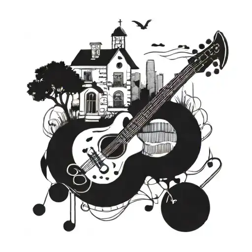 Incorporate musical notes and instruments into a favela landscape tattoo design idea