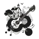 Incorporate musical notes and instruments into a favela landscape tattoo design idea