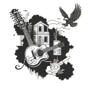 Incorporate musical notes and instruments into a favela landscape tattoo design idea
