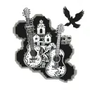 Incorporate musical notes and instruments into a favela landscape tattoo design idea