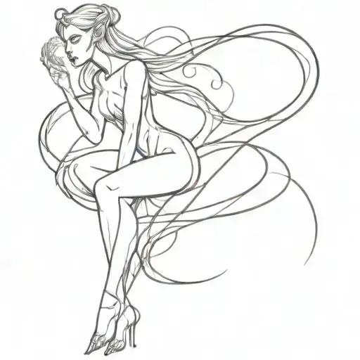 full body siren line work in dark fantasy style, long whispy tail, accenting mesh between fingers and forearms, elf ears tattoo design idea