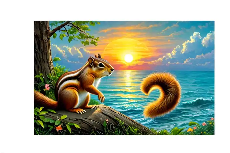 chipmunk squirrel wooded setting sun by the sea tattoo design idea