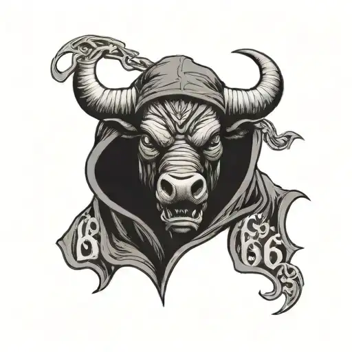 A  Bull with only one eye with the text 666 above his eye wearing a dark hooded cloak and holding back on his right a tattoo design idea