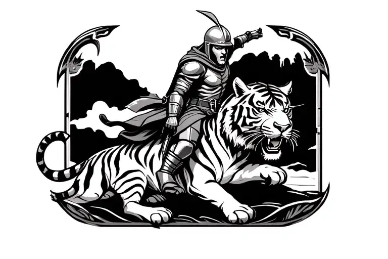 riding a tiger, a spartan knight riding a tiger, black and white, shaded tattoo design idea