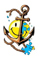 smiley face and a anchor that has a puzzle piece falling off it tattoo design idea
