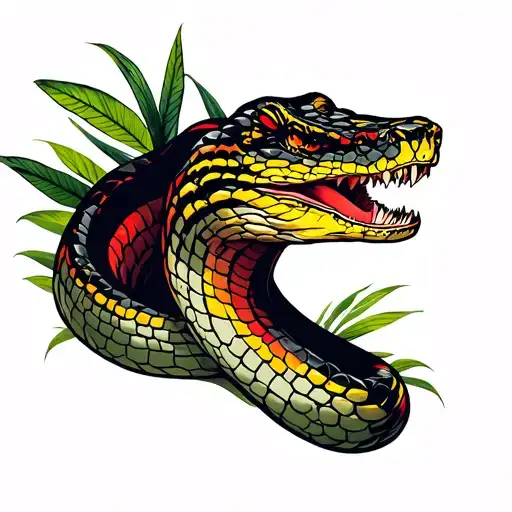 A COBRA WITH OPEN MOUTH ,OLIVE,YELLOW ,RED AND BLACK OVER A JUNGLE PLANTS  tattoo design idea