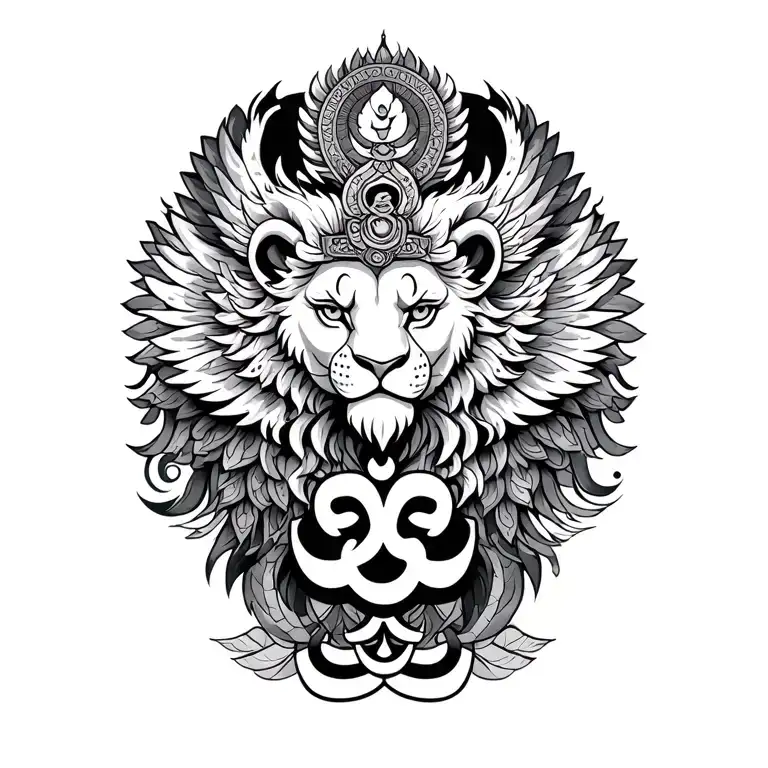 shamanic tibetan art with garuda,white lion and OM incorporate names of kids jade flynn grace helayna and dylan name     tattoo design idea