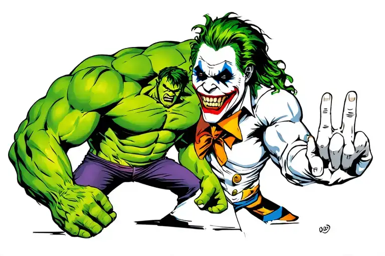 joker vs hulk battle with joker flipping the middle finger to the hulk tattoo design idea
