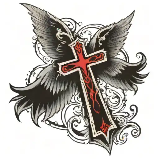 wings spread and half faded cross made tattoo design idea