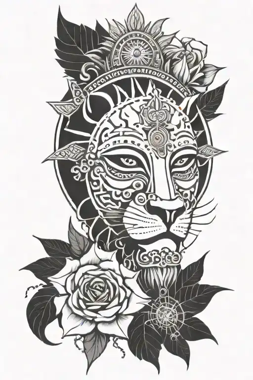 Nigerian mask; sunsetting on beach; lion; rose; compass  tattoo design idea