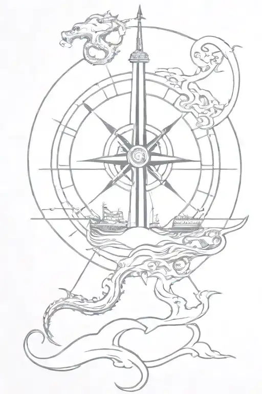 compass warship with kraken emerging tattoo design idea