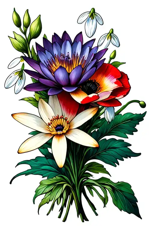 bouquet waterlily, snowdrop flower, honeysuckle, and poppy  tattoo design idea