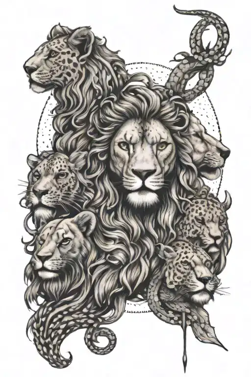 1 Aquarius woman surrounded by 3 Capricorn heads and outside a lion and a lioness tattoo design idea