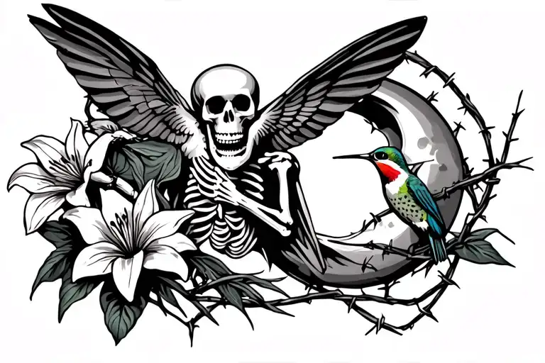 skeleton holding a hummingbird, a half moon and barbed wire growing lilies tattoo design idea