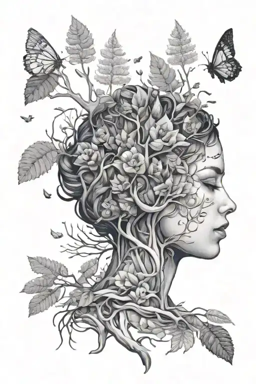 representing overthinking with a Forest Growing out of the Head of a beautiful female human. tattoo design idea