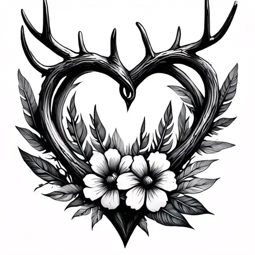 heart made out of a fishing hook and antler with feathers and flowers rustic feminine vibe tattoo design idea