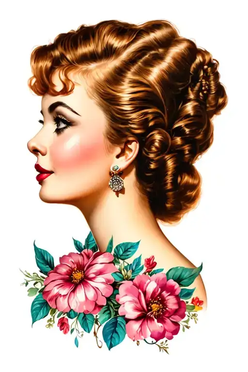 side profile female face 1950s style tattoo design idea
