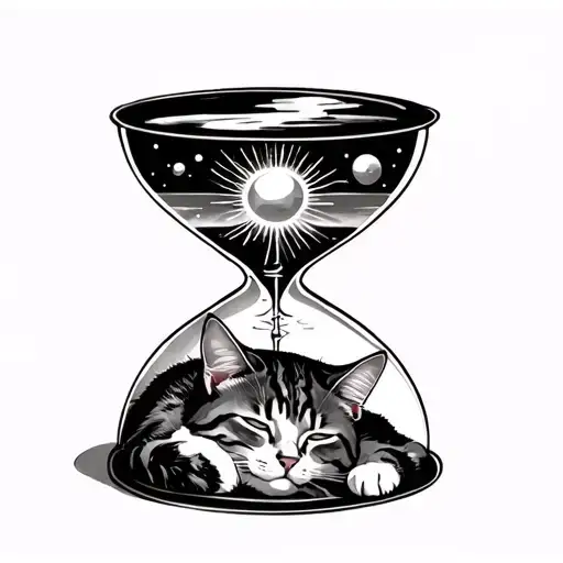 cat sleeping in bottom section of hourglass and a shinny sun with rays in upper section tattoo design idea