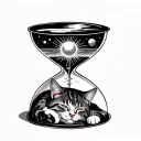 cat sleeping in bottom section of hourglass and a shinny sun with rays in upper section tattoo design idea