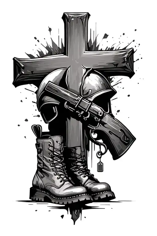 Battlefield cross with helmet combat boots and dogtags  tattoo design idea
