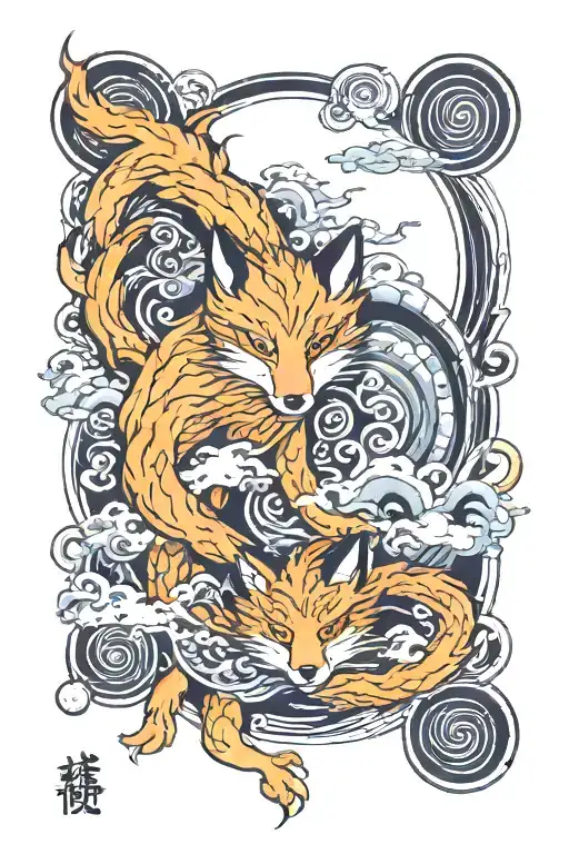 Nine tailed fox with spirit orbs representing souls tattoo design idea