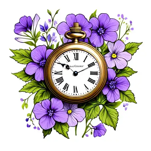 pocket watch surounded with primrose purple flowers  tattoo design idea