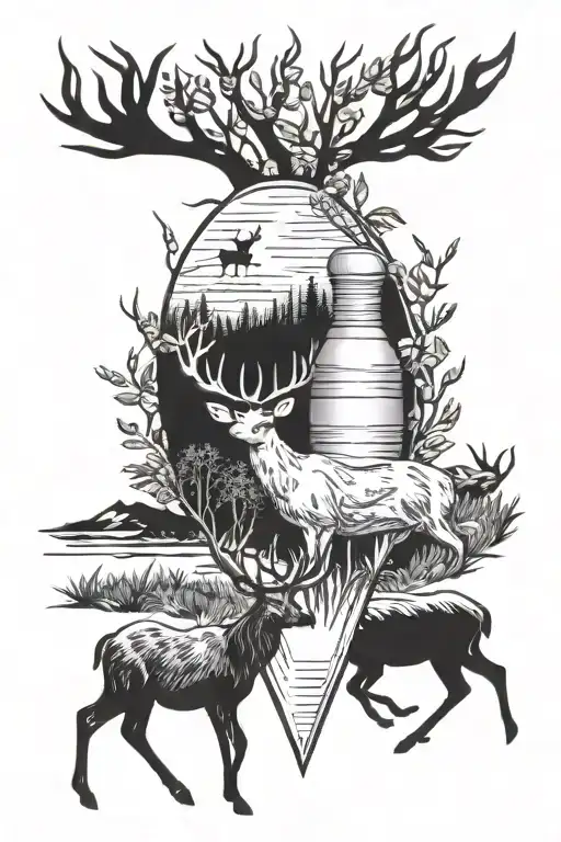 bowling pin and deer hunting scene tattoo design idea