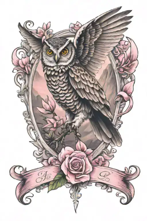 memorial tattoo with a pink cancer ribbon as the frame use an owl and flowers specifically lilies and mountains in back tattoo design idea