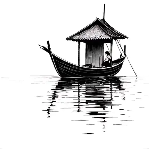 vietnamese fishing boat with a small roof in the distance in calm water with nothing in the background woman sitting in tattoo design idea