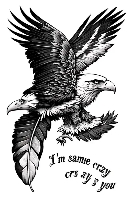 two eagle feathers. inscription I'm same crazy as you tattoo design idea