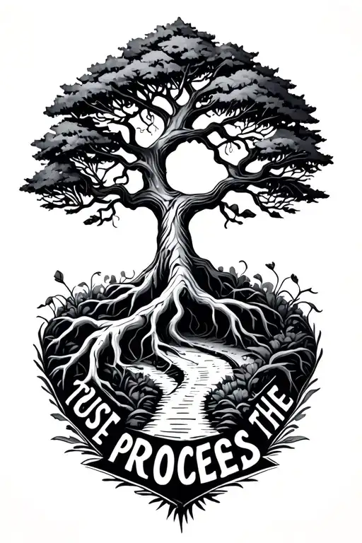 A delicate tree with intertwining roots and branches, featuring a winding path, with the phrase 'Trust the Process'  tattoo design idea