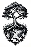 A delicate tree with intertwining roots and branches, featuring a winding path, with the phrase 'Trust the Process'  tattoo design idea