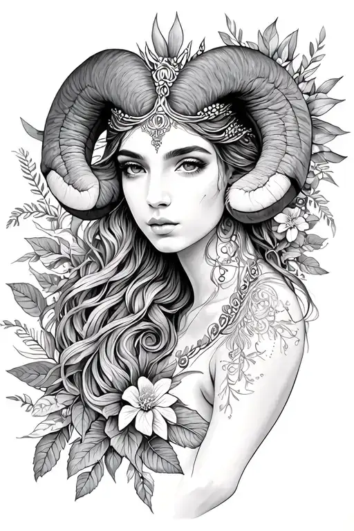 Aries sun goddess botanical garden tattoo design idea