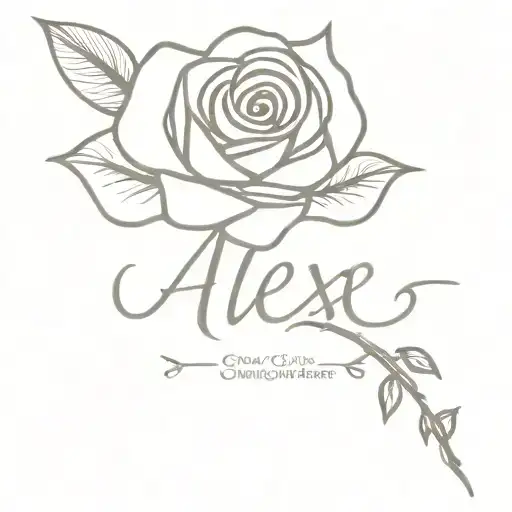 rose with name Alex written cursive as the stem tattoo design idea