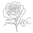 rose with name Alex written cursive as the stem tattoo design idea