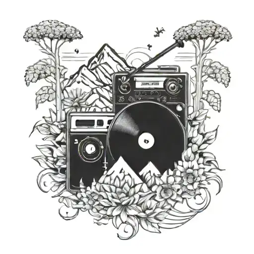 A record player with mountains and trees growing out of it, surrounded by lightning bolts and sunflowers tattoo design idea