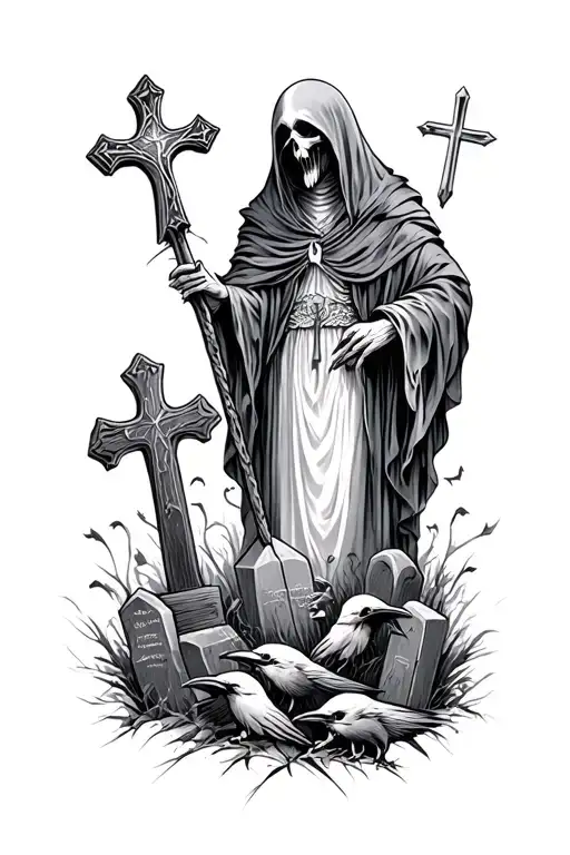 reaper and graveyard with lot of christian cross and somes ravens tattoo design idea
