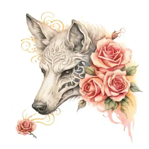 wolf crow skull roses blooming tattoo design idea
