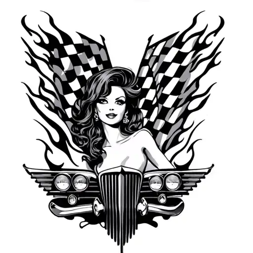 A combination of racing flags, hot rod flames, and pin-up silhouettes in a black-grey style tattoo design idea