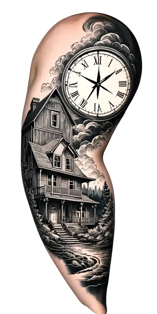 time, love, life, adventure, travel, music, home sleeve tattoo design idea