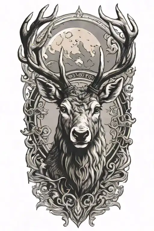 thick stag head with large antlers, moon surrounded tattoo design idea