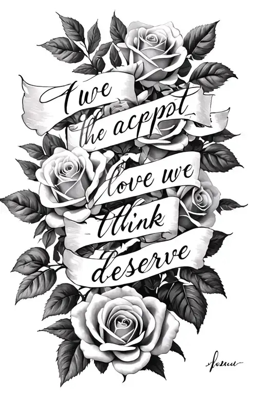 roses with the quote 'we accept the love we think we deserve' intertwined into the roses - black and white tattoo design idea