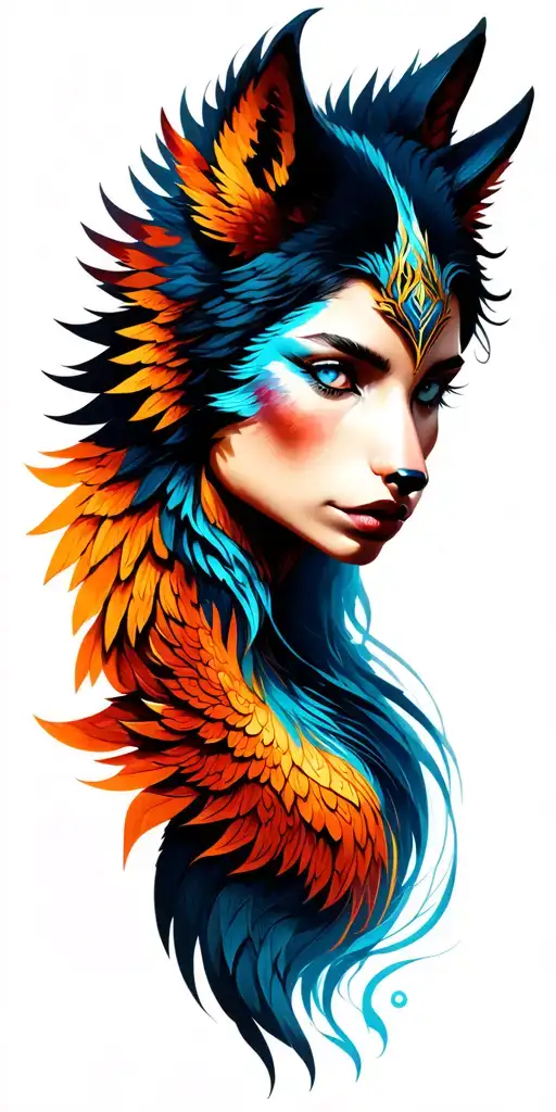 Wolf Phoenix Female Warrior tattoo design idea